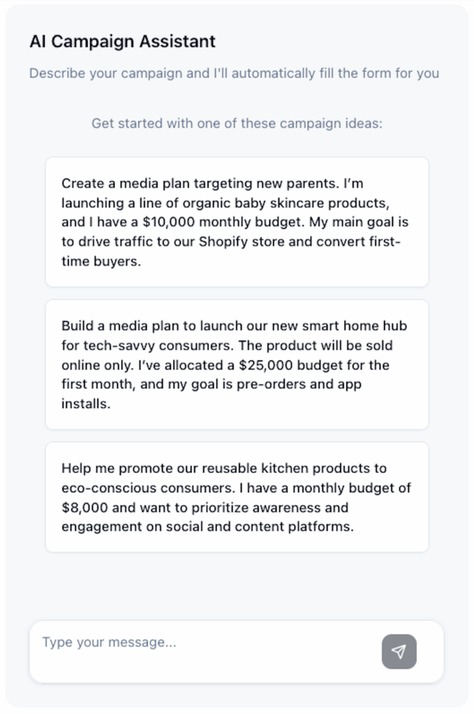 The conversational user interface of our AI Media Planner.