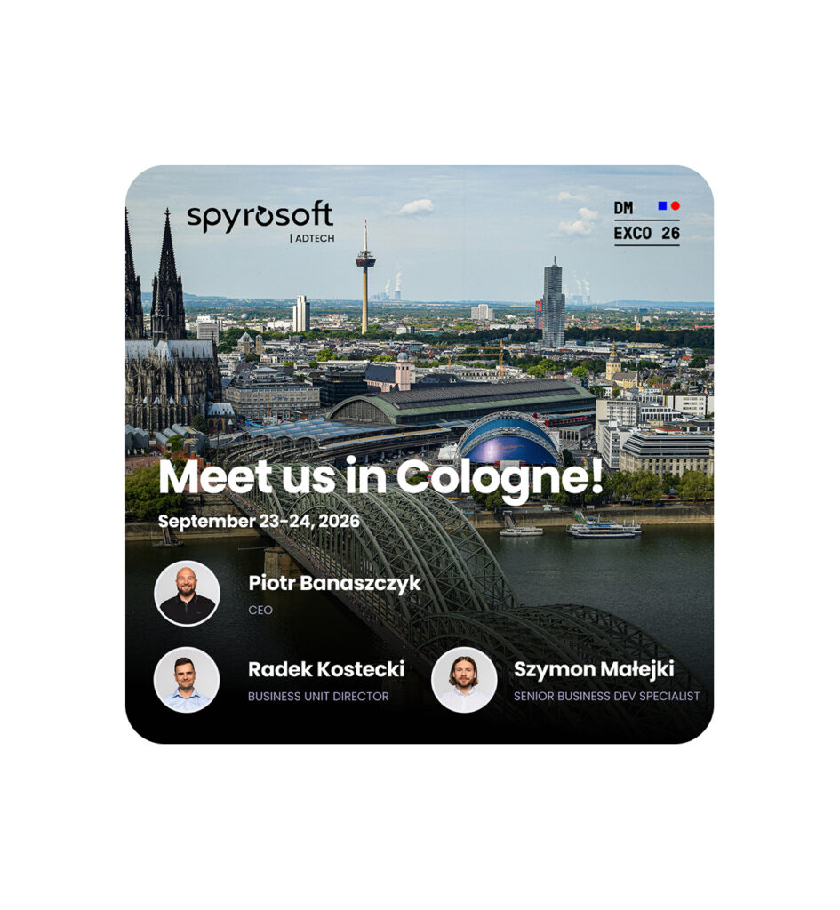 An image promoting the attendance of team members from Spyrosoft AdTech attending DMEXCO 2026.