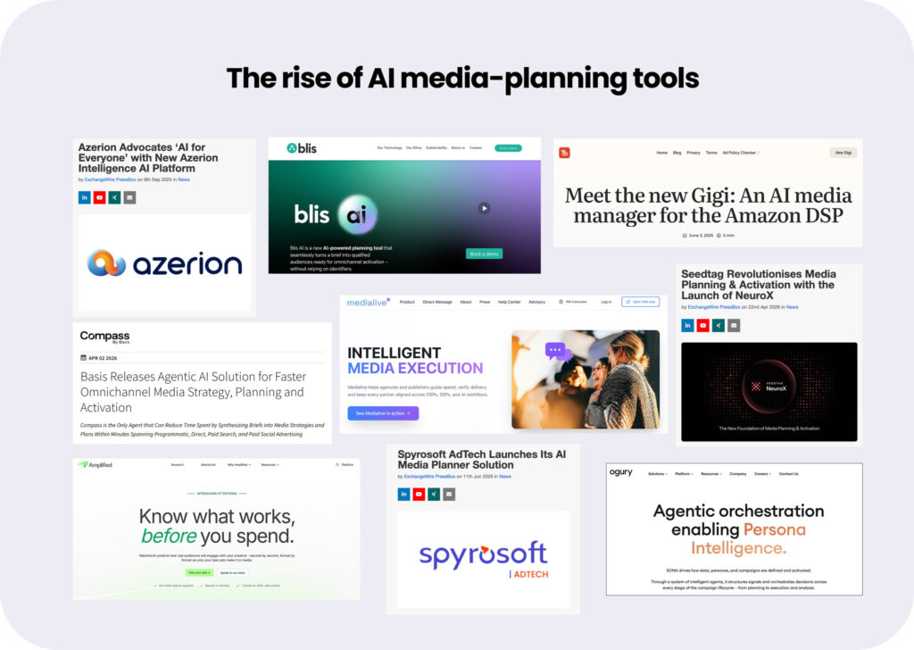 An image showing various AI media planning tools that have been released in 2025 and 2026.
